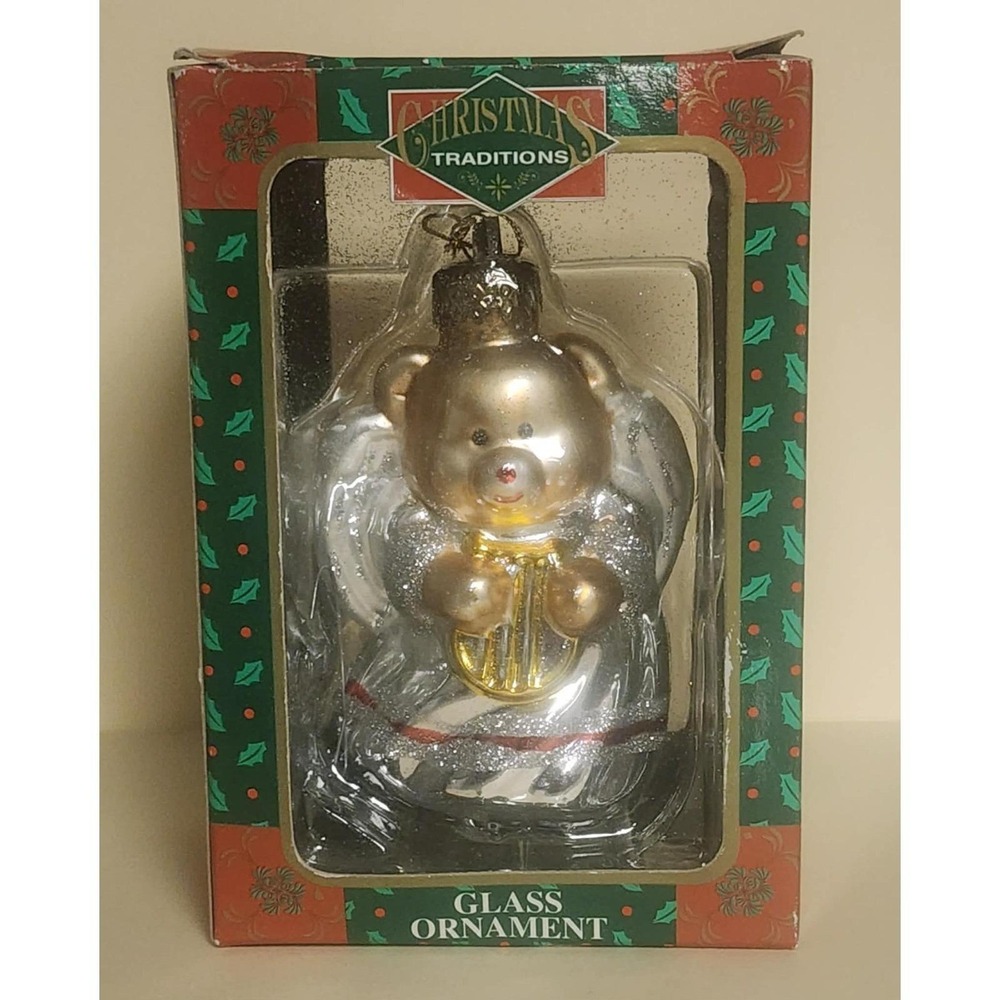 Vintage 1997 Christmas Traditions Bear Angel Christmas Ornament Blown Glass